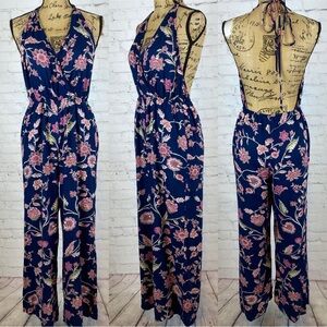 Angie Blue Floral Print Halter Style Wide Leg Jumpsuit Size Large